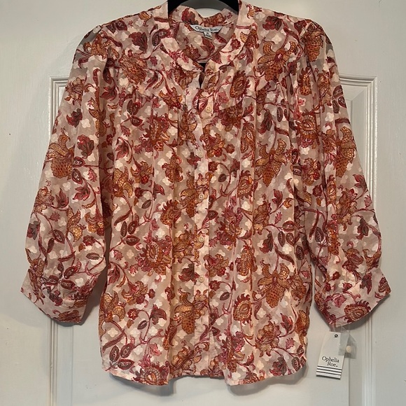Ophelia & Co. Brown and Orange Blouse with Ruffled Bishop Sleeves - Picture 1 of 7